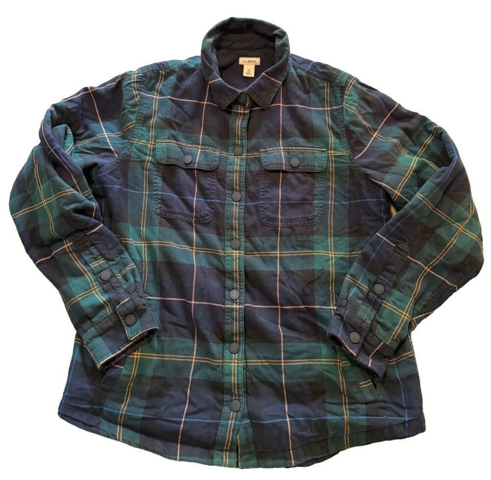 L.L.Bean Fleece Lined Flannel Shirt Jacket Womens XS Green Plaid Snap